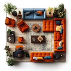Poster - Topdown 3D render of eclectic family room with a blend of colorful furniture items and a clear floor plan arranged on a clean white background highlighting unique design elements