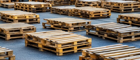 An organized arrangement of wooden pallets stacked in a storage area, showcasing their utility in logistics and transportation.