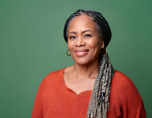 Wall Mural - Studio Portrait of Mature Teacher Woman Happily Smiling Against Colored Studio Background