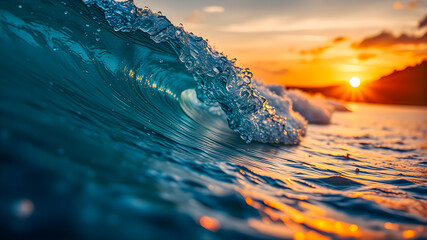 Wall Mural - closeup view of beautiful ocean wave in island shore at sunset time sunlight. tropical mediterranean