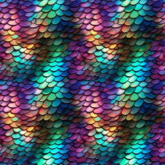 Colorful iridescent fish scale seamless pattern with vibrant hues. Pattern for wallpaper, background, print on fabric and paper.