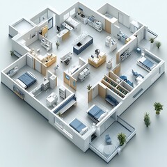 Poster - Topdown view 3D render of hospital floor plan highlighting radiology laboratory services and surgical suites presented on a clean white background with focus on structure and design