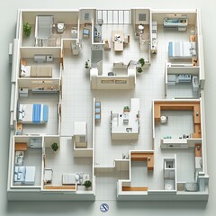 Poster - Topdown view 3D render of hospital floor plan highlighting radiology laboratory services and surgical suites presented on a clean white background with focus on structure and design