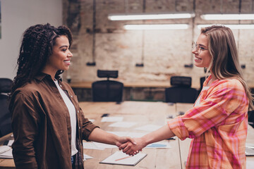 Profile photo of two corporate workers girls handshake cooperate business center office indoors