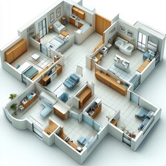 Poster - Top view 3D floor plan render of hospital with specialized areas for radiology lab services and surgical suites modern architectural design isolated on a white background