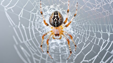 Intricate Spider Web with a Large Spider at the Center on a Pale Grey Background Generative AI