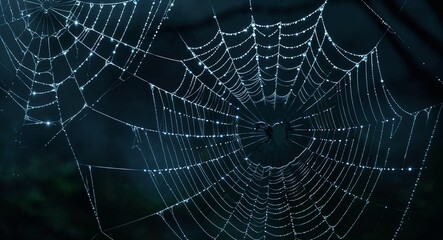 Eerie spider webs glistening in the dark background delicate webs adorned with dew shimmering ominously in low light