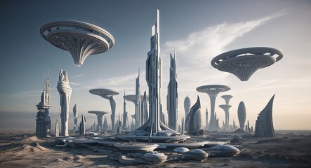 Poster - Futuristic skyline featuring floating structures above ground background innovative designs creating an otherworldly atmosphere pushing architectural boundaries