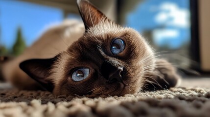 A Siamese cat with striking blue eyes looks up at the camera while lying on a carpet.