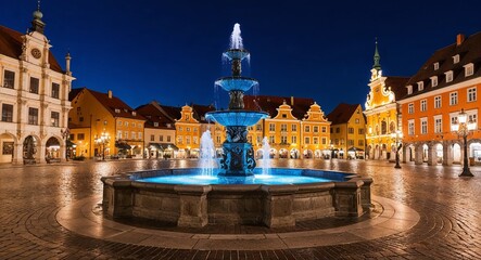 Old town square with a fountain surrounded by lights background enchanting plaza featuring a beautifully lit fountain inviting evening strolls and relaxation