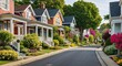© sevenSkies - Quiet residential street with charming homes and gardens background picturesque neighborhood filled with unique houses blooming flowers and friendly atmosphere