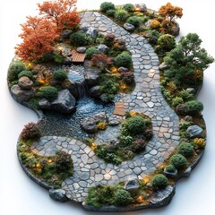 Poster - Top view 3D render of beautifully landscaped public garden with flowing water features and artistic walking paths floor plan isolated on clean white background