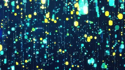 Poster - Colorful abstract background featuring vibrant blue, green, and yellow particles suspended in a dark space