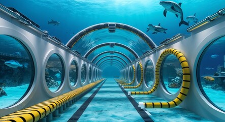Aufkleber - Underwater tunnels connecting different city sectors background transparent passages revealing marine life while providing efficient transportation routes