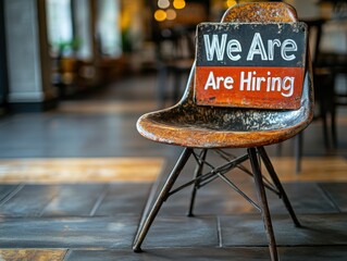 chair that has a sign on it that says we are hiring