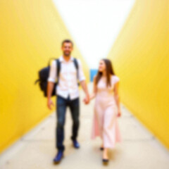 Couple Walking Away in Blurred Yellow Wall Background