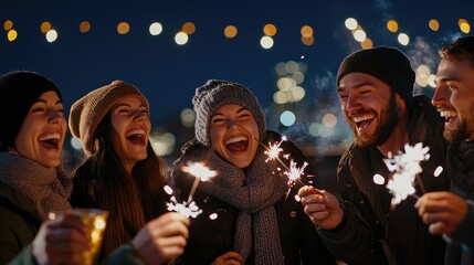 Diverse Group of Friends Laughing and Celebrating with Sparklers Outdoors