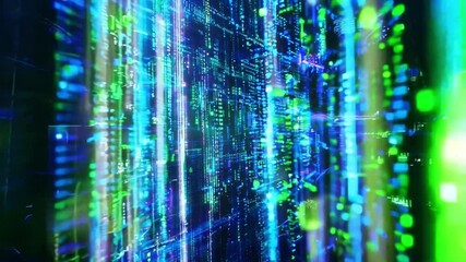 Poster - Vibrant digital data stream showcasing green and blue code cascading through a futuristic virtual environment
