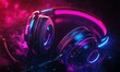 © Paul - Close-up of Neon Pink and Blue Headphones on Dark Background, Perfect for Music or Gaming Setup Generative AI