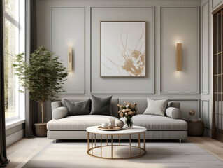 Living room interior in modern and classic styles with wooden panneling and bronze decor. Neutral and light colors interior with wooden wall panels.
