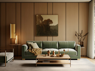 Living room interior in modern and classic styles with wooden panneling and bronze decor. Neutral and light colors interior with wooden wall panels.
