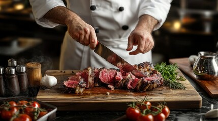 A chef is cutting a piece of meat on a wooden cutting board