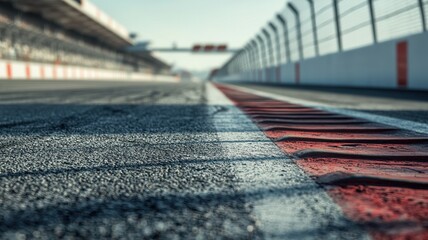 This close-up shot captures an empty F1 track, highlighting the intricate details of the asphalt surface and surrounding barriers. A serene moment in motorsport.