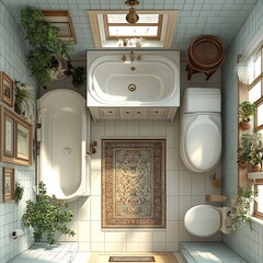 Poster - Top view 3D render of classic vintage bathroom with a pedestal sink elegant bathtub and traditional toilet arranged in a detailed floor plan set against a bright white background