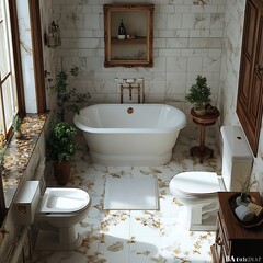 Poster - top view 3d render of classic vintage bathroom with a pedestal sink elegant bathtub and traditional 