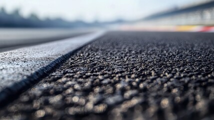 This close-up shot captures the edge of an empty F1 track, highlighting the textured asphalt surface and the smooth curving lines, evoking a sense of speed and motion.