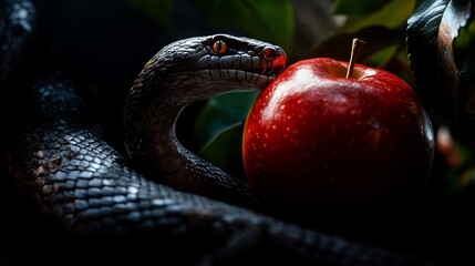 A black snake with red eyes is wrapped around a red apple with a bite mark in it.