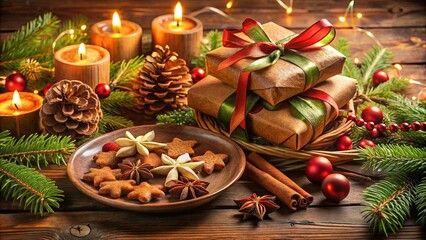 Wall Mural - A Festive Table Setting with Wrapped Gifts, Pine Branches, Candles, Cookies, and Spices