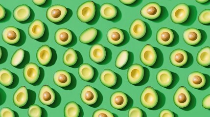 Poster - Fresh avocado pattern on a green background, flat lay
