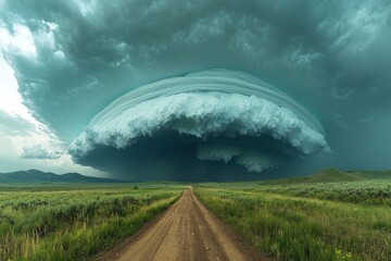 Wall Mural - Massive supercell storm cloud forming over a dirt road in a vast green landscape under a dramatic sky Generative AI