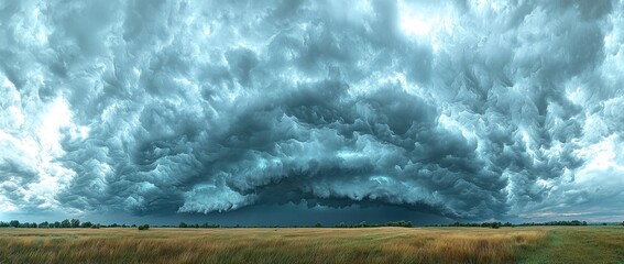 Wall Mural - Massive storm clouds rolling over an open field with tall grass under a dramatic sky creating a powerful and moody landscape Generative AI