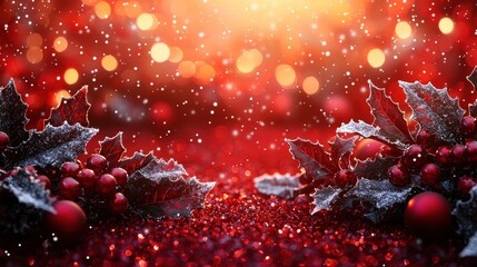 Poster - A bright red Christmas background adorned with classic white snowflakes and fresh holly leaves, softly aglow with sparkling lights, perfect for festive celebrations.