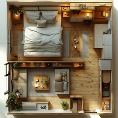 Poster - Top view 3D render of contemporary bedroom with a lowprofile platform bed and streamlined furniture layout shown in a detailed floor plan against a plain white background