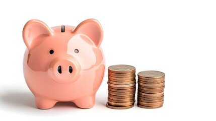 Poster - Vibrant Pink Piggy Bank and a Set of Rising Coin Stacks Standing on a Bright White Background Illustrating the Concept of Savings Accumulation for Financial Growth and Prosperity
