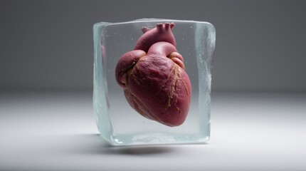 Wall Mural - A realistic human heart encased in a clear block of ice, positioned on a clean, solid white surface. The heart is preserved within the ice, symbolizing the preservation of life and emotion