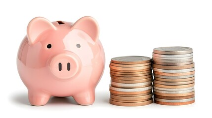 Poster - Vibrant pink piggy bank and a set of rising coin stacks standing on a bright white background