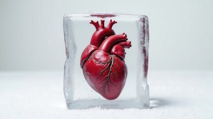 Wall Mural - A realistic human heart encased in a clear block of ice, positioned on a clean, solid white surface. The heart is preserved within the ice, symbolizing the preservation of life and emotion