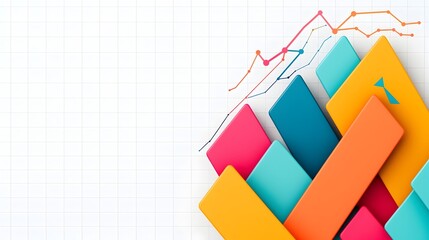 Fototapete - Complex graph with intersecting vibrant line charts and bars set against a clean grid on a white background representing multi layered data analysis and visualization for business finance