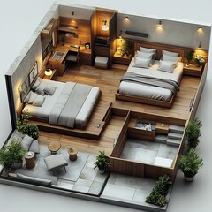 Poster - Top view 3D render of contemporary bedroom with a lowprofile platform bed and streamlined furniture layout shown in a detailed floor plan against a plain white background