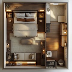 Poster - Top view 3D render of contemporary bedroom with a lowprofile platform bed and streamlined furniture layout shown in a detailed floor plan against a plain white background
