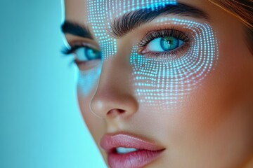 Poster - beautiful woman with biometric data being captured on her face. there is an AI system, digital blue lights. there is technology that captures facial features for virtual identity generation.
