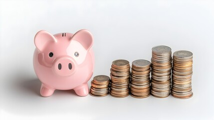Poster - A cute pink piggy bank sitting next to growing piles of coins set against a clean white background symbolizing the steady growth of financial savings and prudent planning for the future