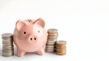 Poster - A pink piggy bank standing beside ascending stacks of coins on a clean white background representing the gradual growth of savings and the achievement of financial success