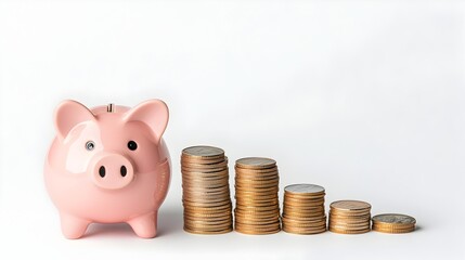 Poster - A cute pink piggy bank placed next to growing stacks of coins on a plain white background symbolizing the steady growth of savings and the importance of financial planning for the future