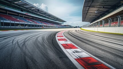 An empty racing corner transitions onto the main straight, showcasing the smooth asphalt and vibrant colors of the track. Ideal for motorsport enthusiasts.