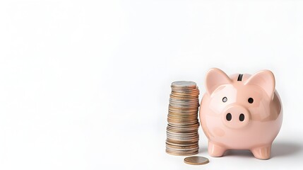 Poster - A pink piggy bank standing beside ascending stacks of coins on a clean white background symbolizing the gradual growth of savings and the achievement of financial success